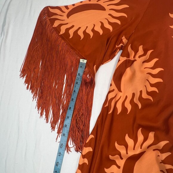 Farm Rio x Anthropologie One-Shoulder Fringe Dress Sun Crescent Moon Orange XS - Picture 13 of 16